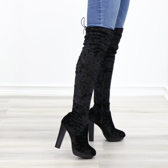 Black Velvet Thigh High Heel Boots Back Tie - Picture 9 of 15